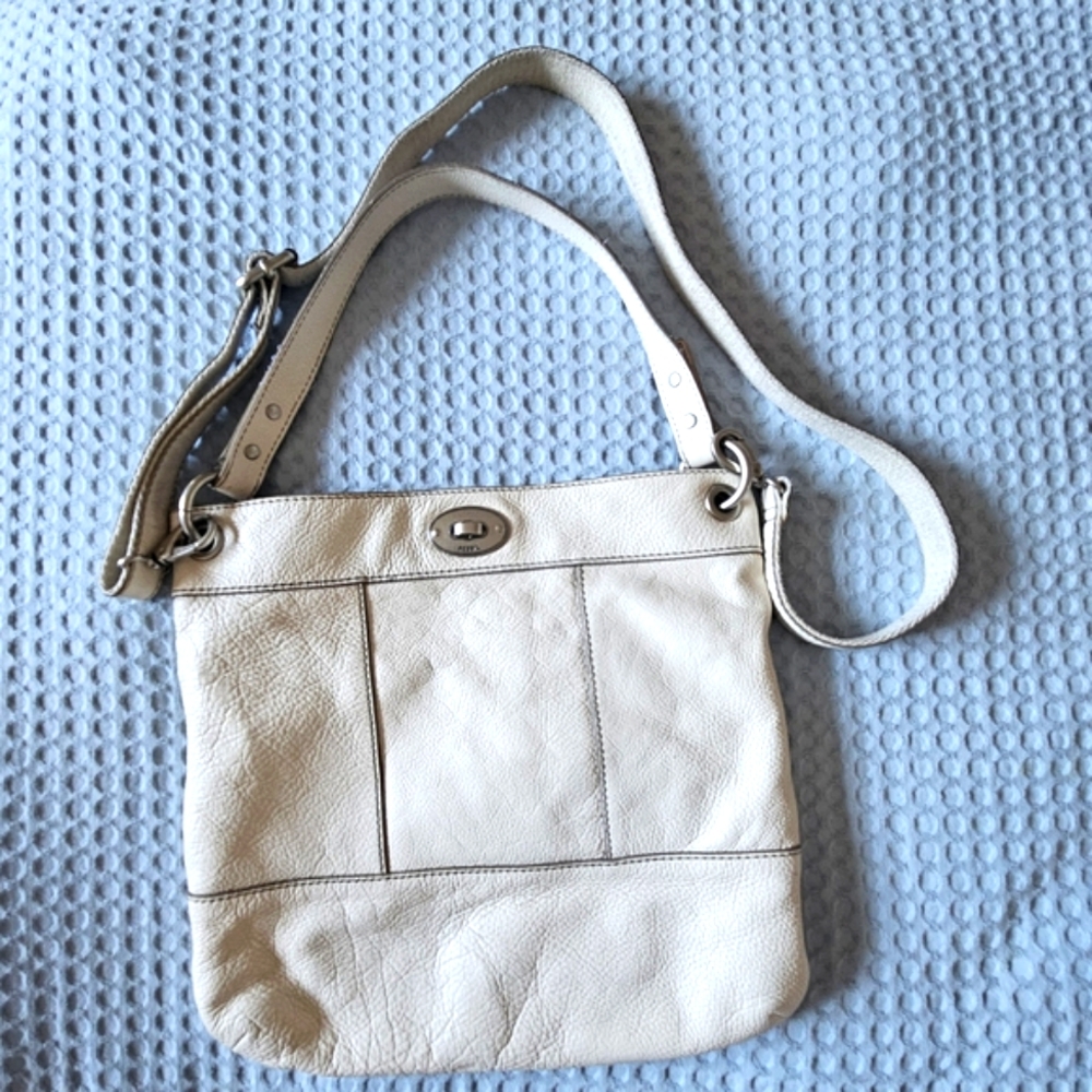 Fossil Off White Cowhide Leather Shoulder Bag With Removable Crossbody Strap